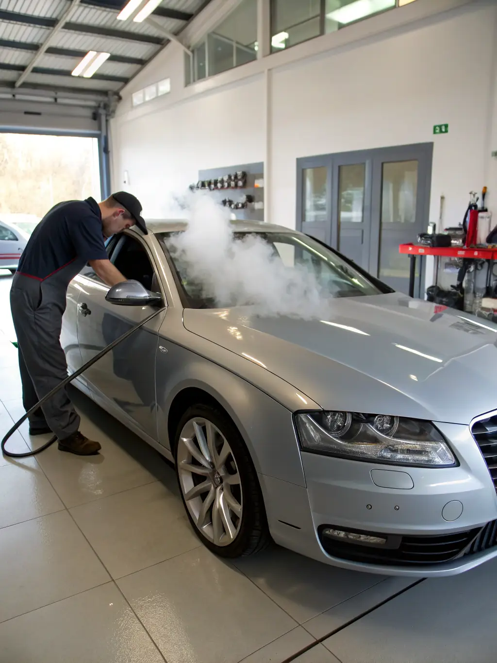 A well-maintained used car being prepared for sale, with someone polishing the exterior.