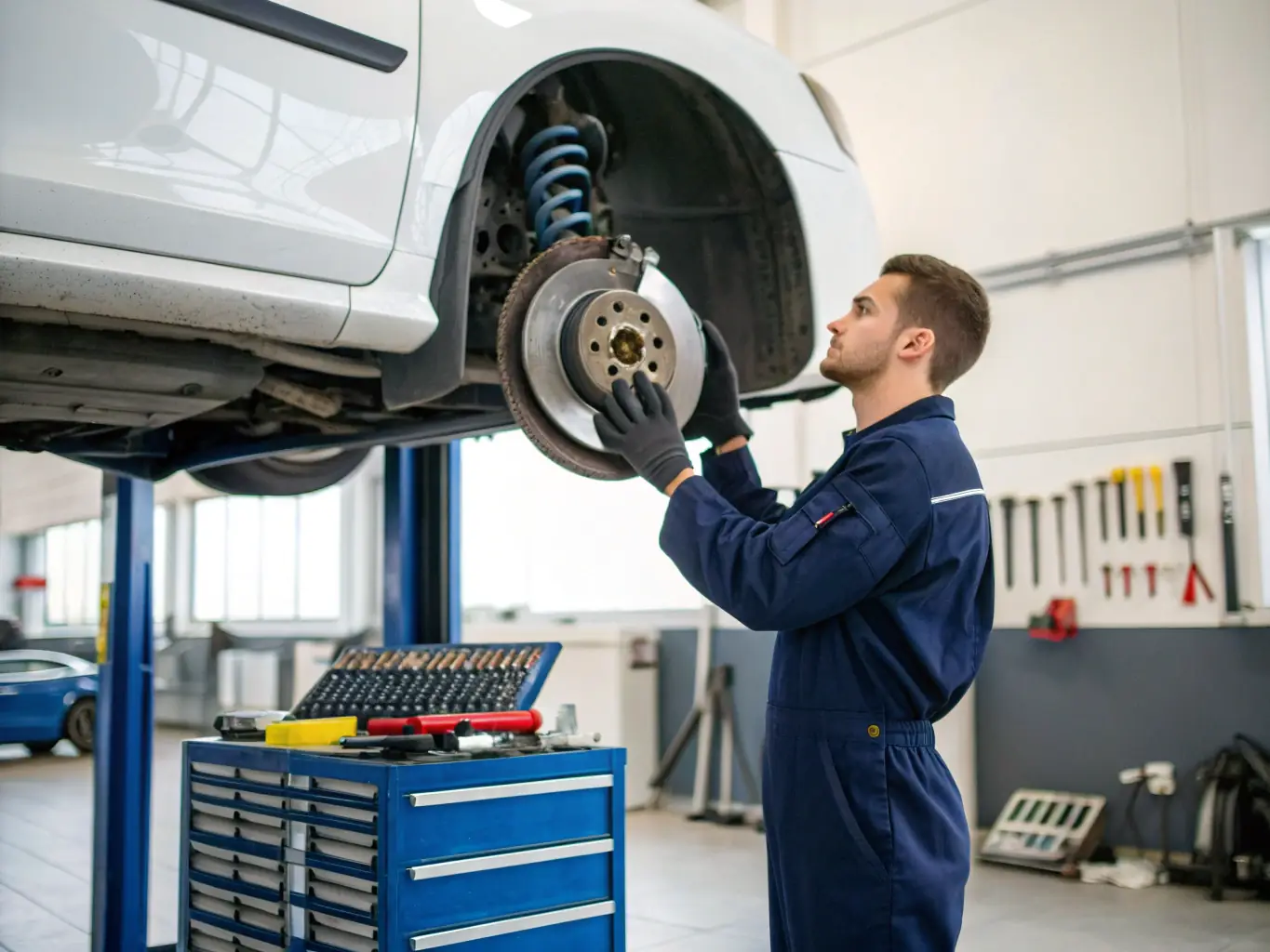 A clean and well-organized car service garage is depicted, with a mechanic inspecting a vehicle, representing the reliable car service recommendations provided by Toronto Car Advisers.