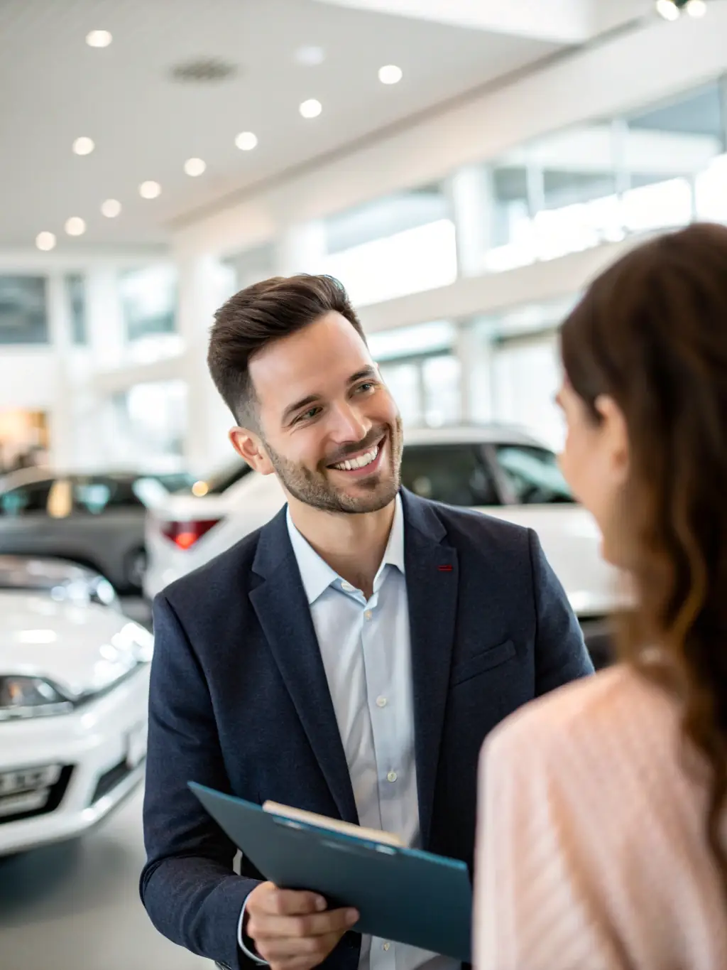 A professional advisor helping a client choose a new car in a dealership, focusing on the advisor pointing out key features.