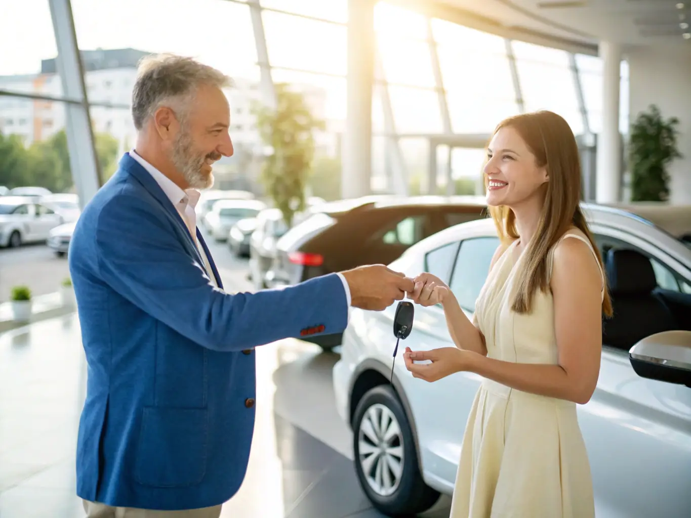 A client is shown happily handing over car keys to a new owner, symbolizing a successful and stress-free car selling experience facilitated by Toronto Car Advisers.